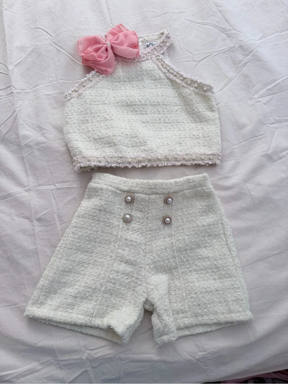 Girls Cream Tweed Halter Top & Shorts Set with Pink Bow